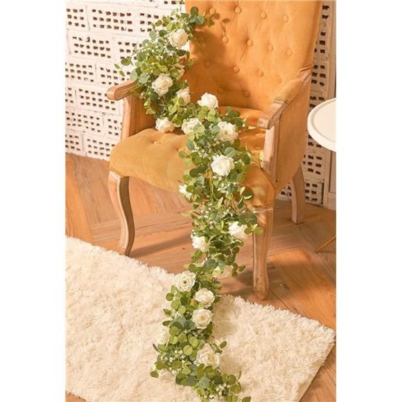 5.91FT Artificial Eucalyptus Garland with Flowers, Fake Rose Gypsophila Garland - Picture 5 of 7